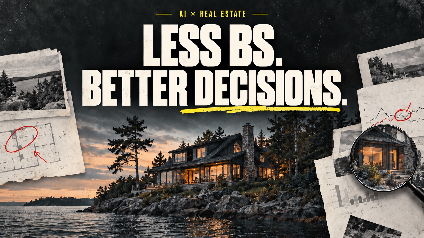 LESS BS. BETTER DECISIONS. — AI and real estate editorial graphic with a fictional waterfront home.