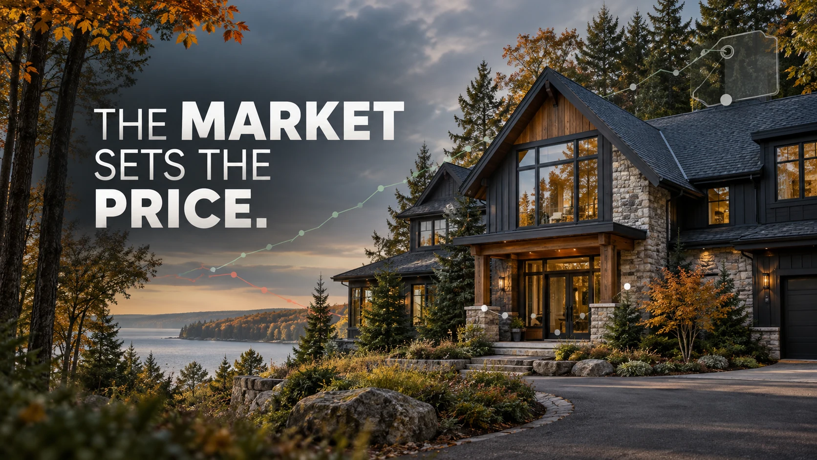 Illustrative Northern Michigan home at dusk with the headline The Market Sets the Price and subtle market data lines.