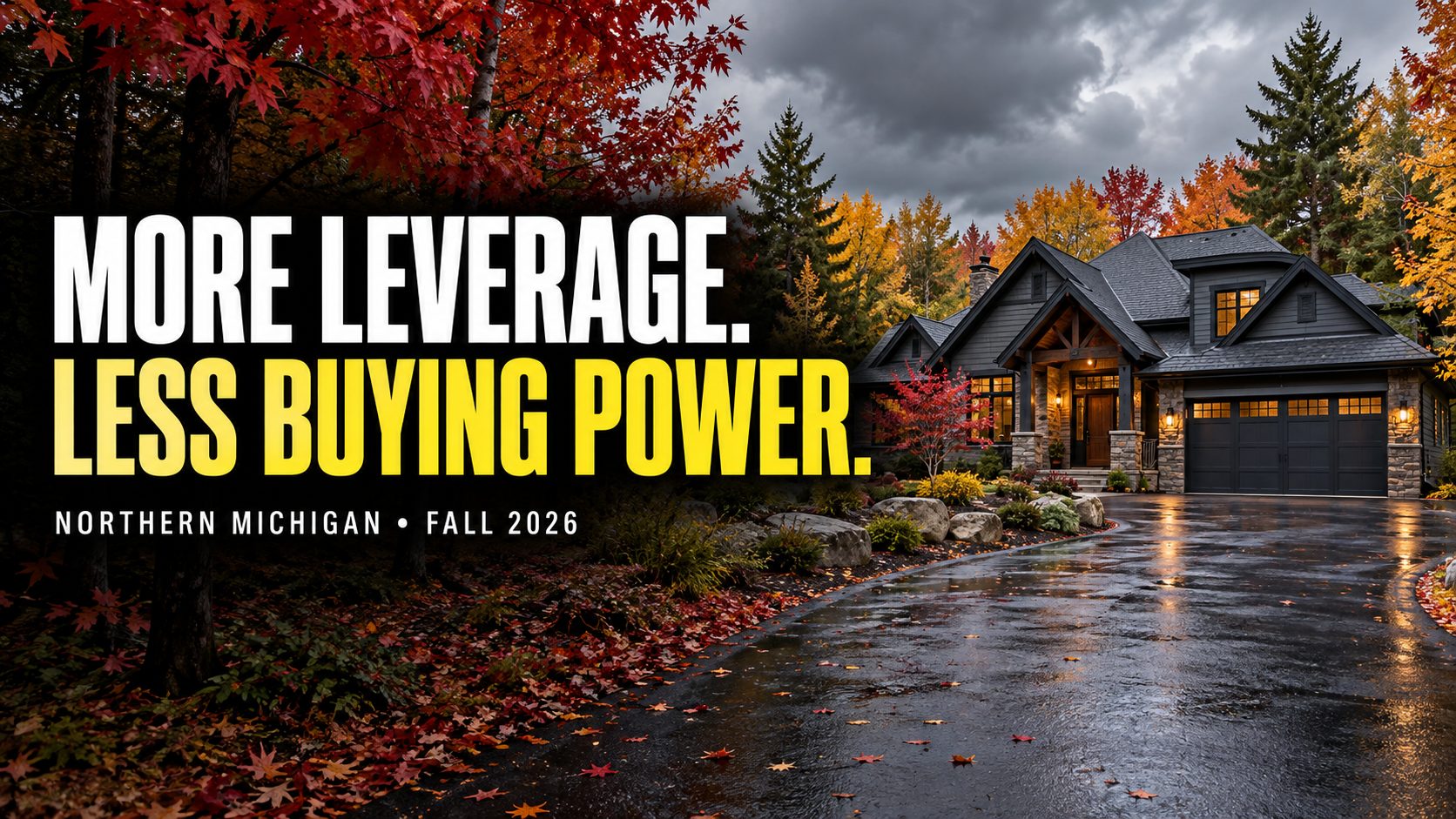 Northern Michigan home in fall with the headline More Leverage. Less Buying Power.