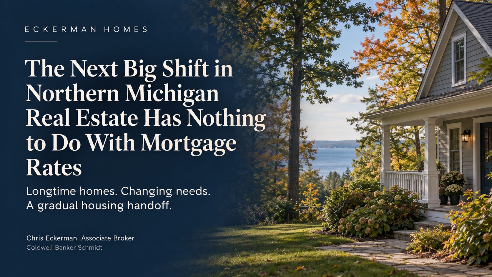 The Next Big Shift in Northern Michigan Real Estate Has Nothing to Do With Mortgage Rates. Longtime homes. Changing needs. A gradual housing handoff. Editorial illustration of a home beside autumn trees and a lake.